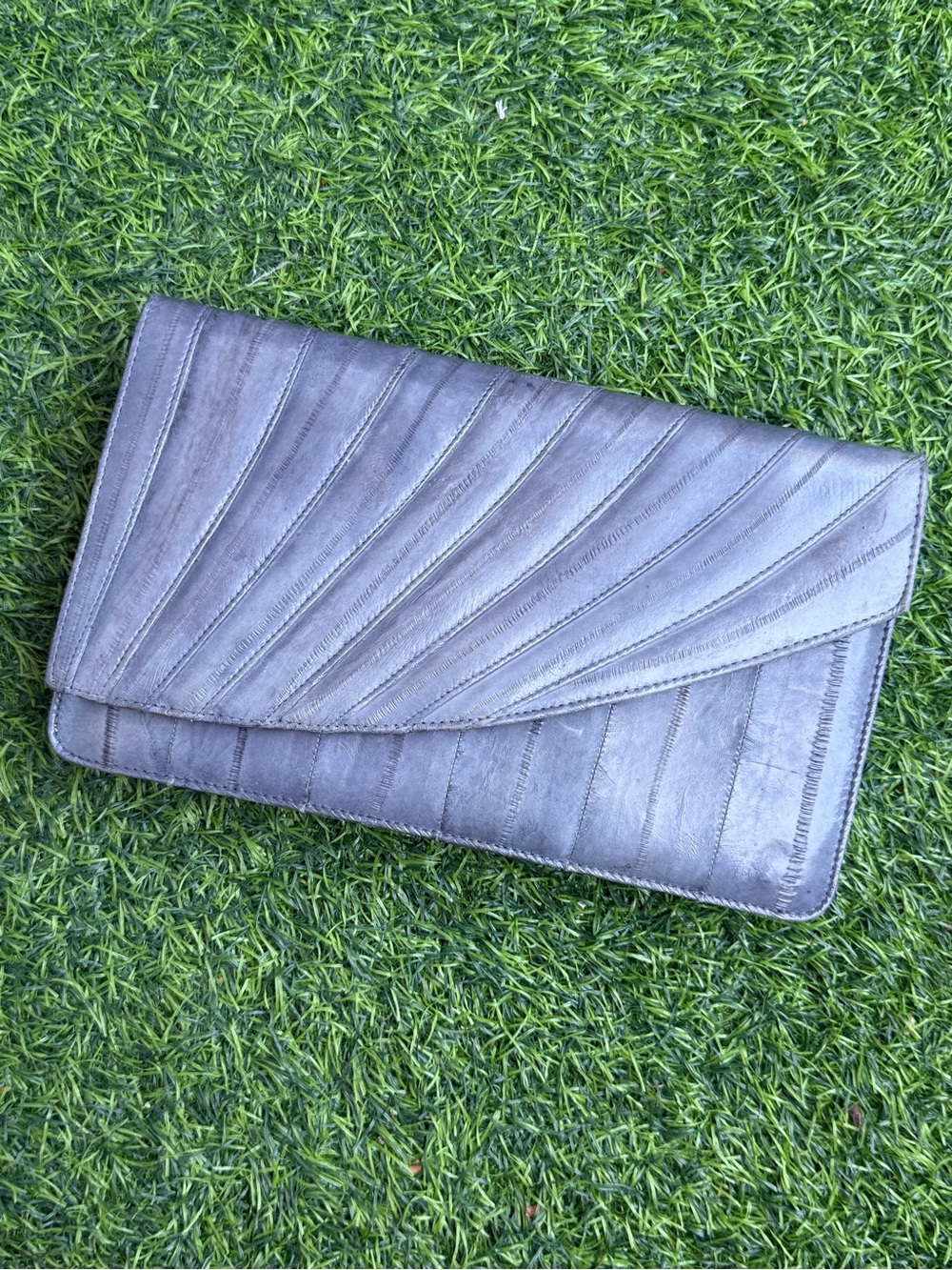 VTG 90s Eel Skin Leather Gray Clutch Shoulder Handbag~ Suede Lined Korea Luxury